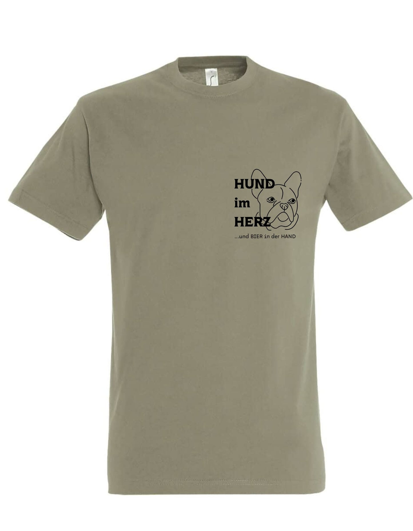 T-Shirt olive, grün, Hund ,Spruch, lustig Hund im Herz, Bier in der Hand Herren