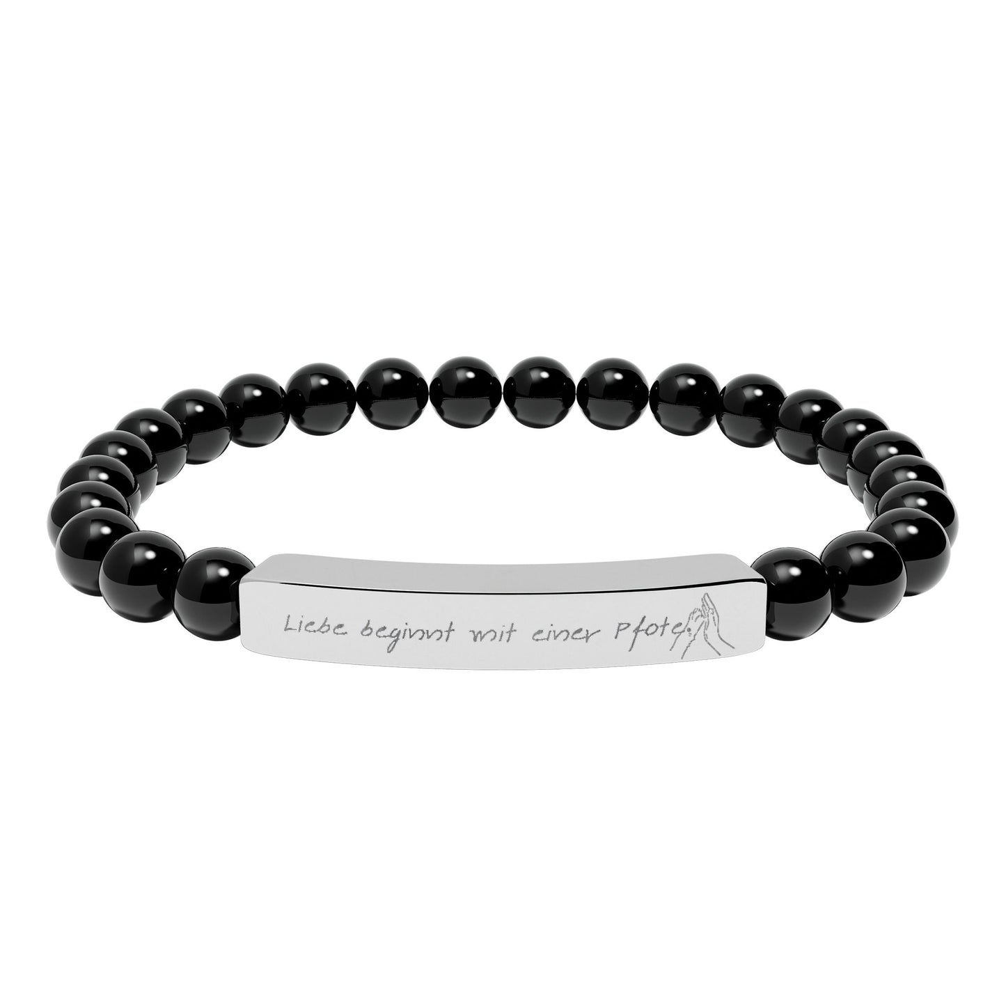 "Liebe beginnt mit einer Pfote." Graviertes Stretch-Armband aus Natursteinperlen