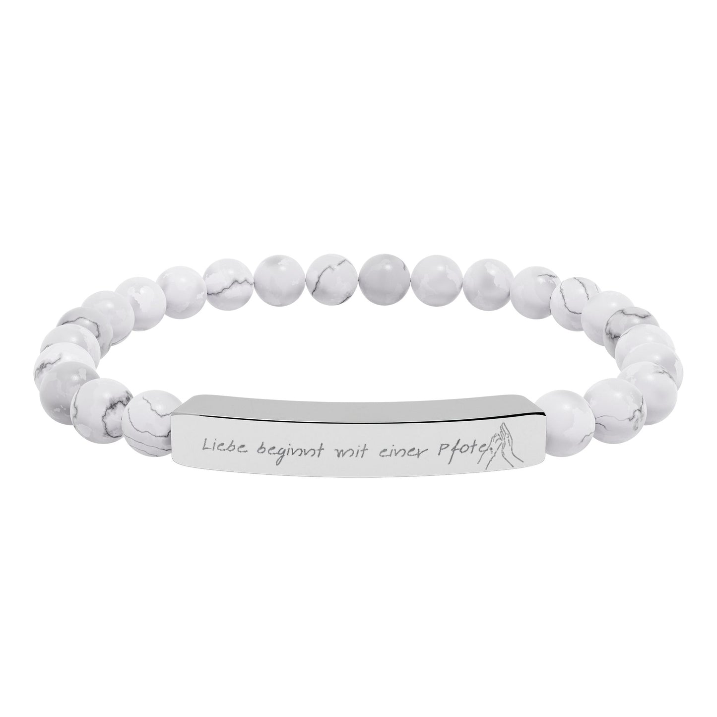 "Liebe beginnt mit einer Pfote." Graviertes Stretch-Armband aus Natursteinperlen