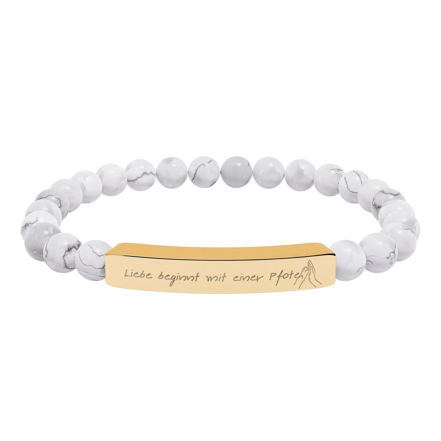 "Liebe beginnt mit einer Pfote." Graviertes Stretch-Armband aus Natursteinperlen
