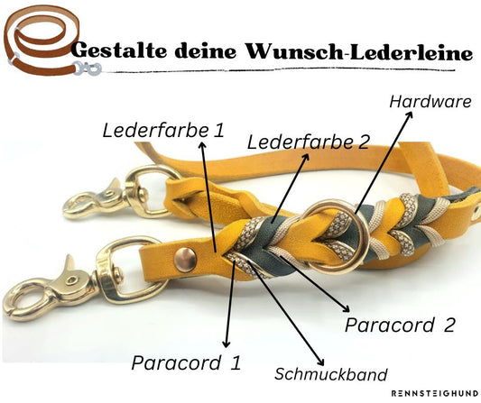 Auswahl an Lederfarben für Hundeleine im Konfigurator, Verschiedene Schnallen aus Edelstahl und Messing zur Auswahl, Konfiguration der Leinenlänge – Auswahl zwischen 1,2 m bis 2 m