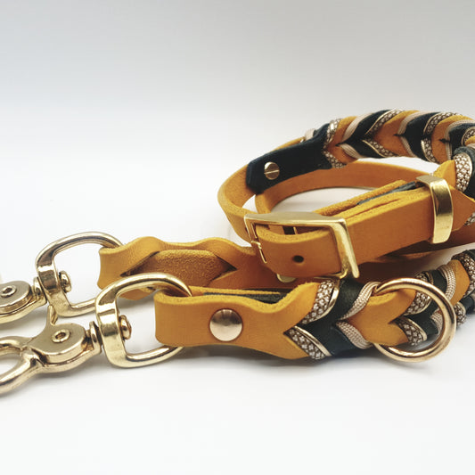 Lederhalsband, gelb  grau, verstellbar, gold, Lederleine, handgemacht, karabiner, geflochten, Paracord, Hund,