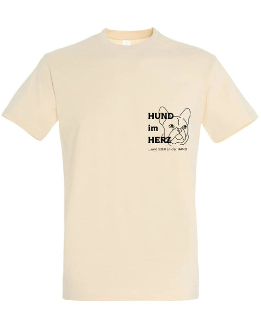 T-Shirt creme Hund Spruch lustig Hund im Herz, Bier in der Hand Herren