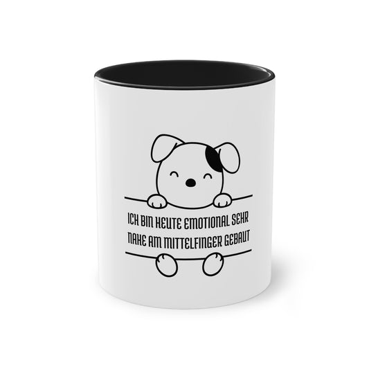 Tasse,Keramik, schwarz, weiß,  Hund, Spruch, Witzig, Motiv , Ich bin heute emtional am mittelfinger gebaut