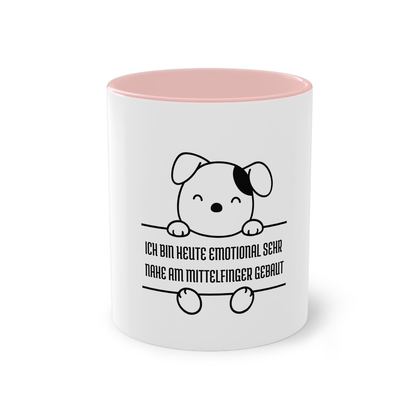 Tasse,Keramik, rosa, pink, weiß,  Hund, Spruch, Witzig, Motiv , Ich bin heute emtional am mittelfinger gebaut, Geschenk Hundebesitzer