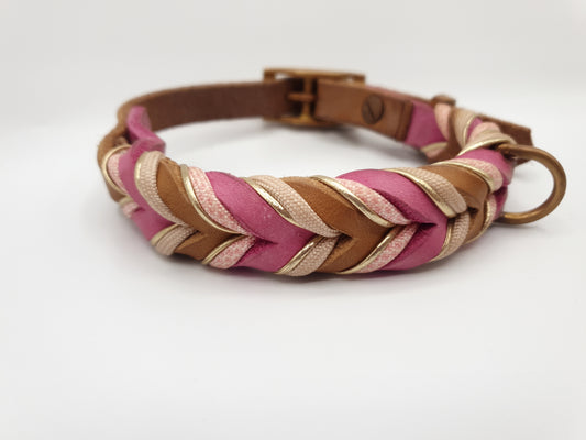 Hundehalsband Modell Bella aus cognacfarbenem Leder mit Pink und Schmuckband