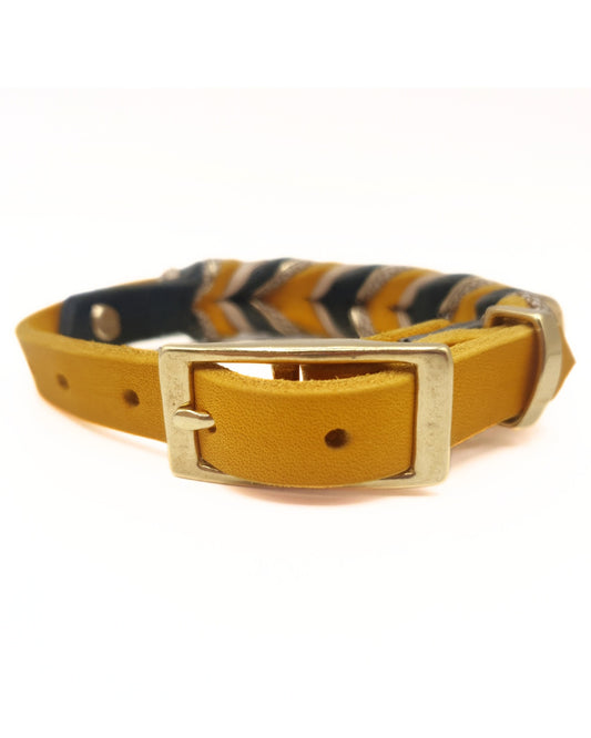 LEderhalsband verstellbar in gelb und grau geflochten mit gold